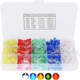500 Pièces Diodes Led, 5mm Lumière émettant, Lumière à Diode électroluminescente Ronde Basse Tension Lumières Emettant Couleur Assortie Vert/Rouge/Bleu/Jaune/Blanc