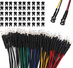 50 Pièces 5mm 12V Diode LED Pré-Câblée Lumière, Blanc Rouge Jaune Bleu Vert, Diode Électroluminescente avec Câble 20cm + 50 Pièces 5mm Plastique Support LED